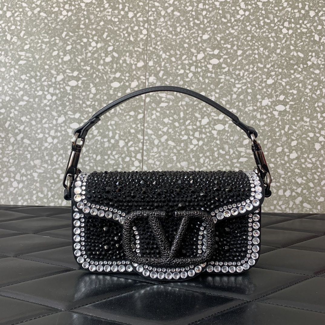 Valentino Garavani Loco Small Shoulder Bag with Black Rhinestone Applique